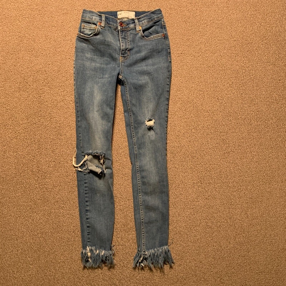 Free People Women Jeans 25 Skinny Ripped Blue Stretch Pocket Raw Hem (Waist 22")
